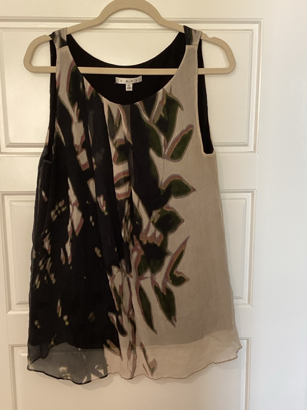 CAbi Split-Panel Floral Tank Top in Black and Cream silk